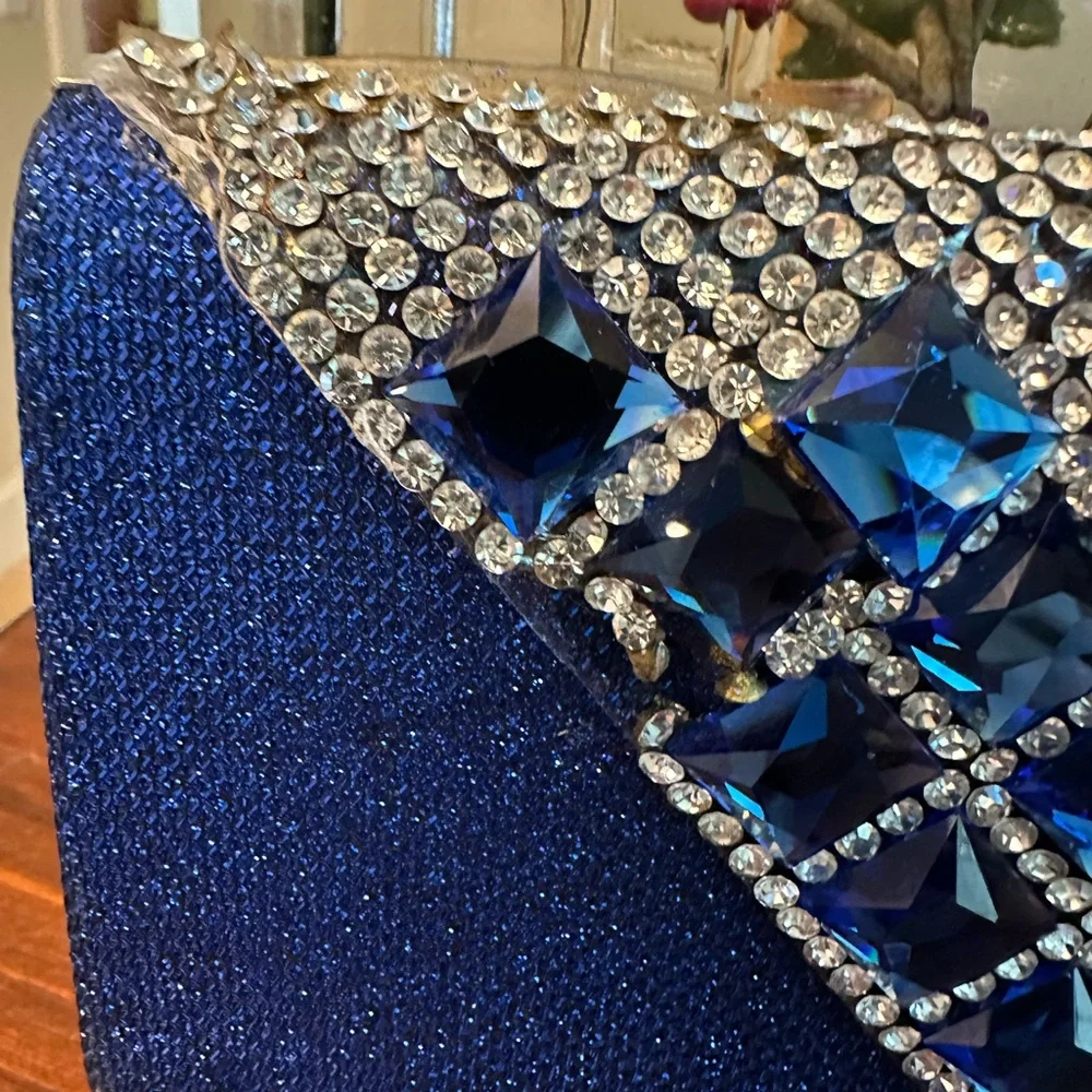 Elegant Blue Clutch with Rhinestone Accents and Chain Shoulder Strap DAMAGED